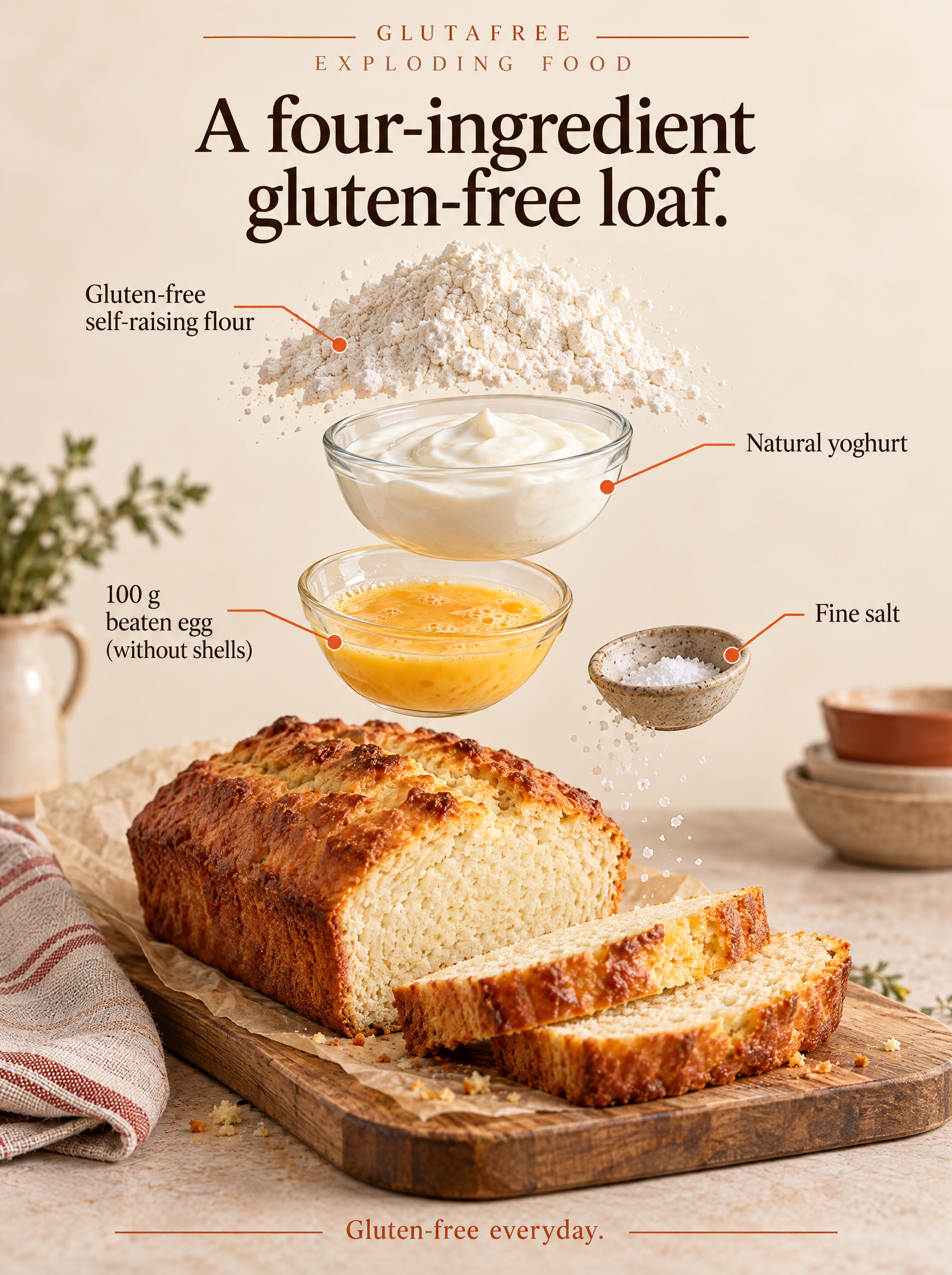 Illustration of gluten-free self-raising flour, natural yoghurt, eggs and salt.