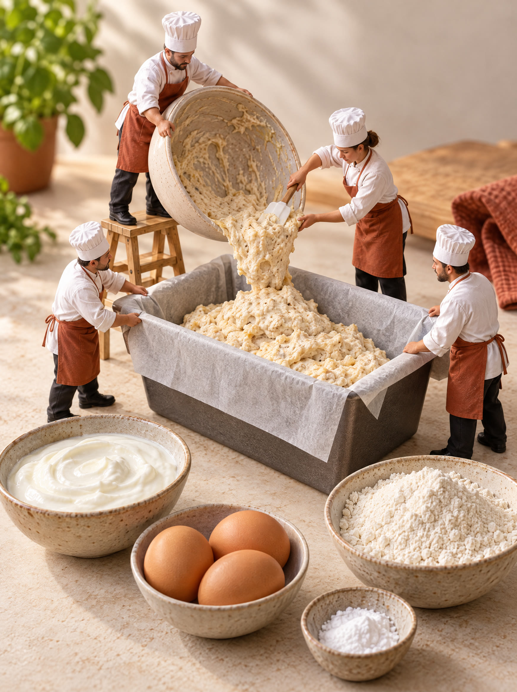 Miniature chefs spooning yoghurt bread mixture into a lined loaf tin.