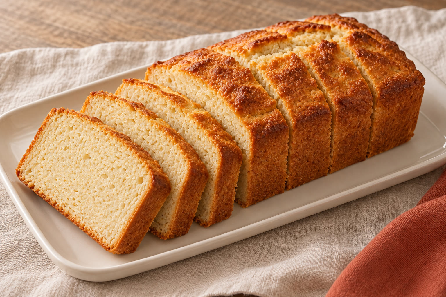 A golden gluten-free yoghurt loaf with two slices cut from one end.