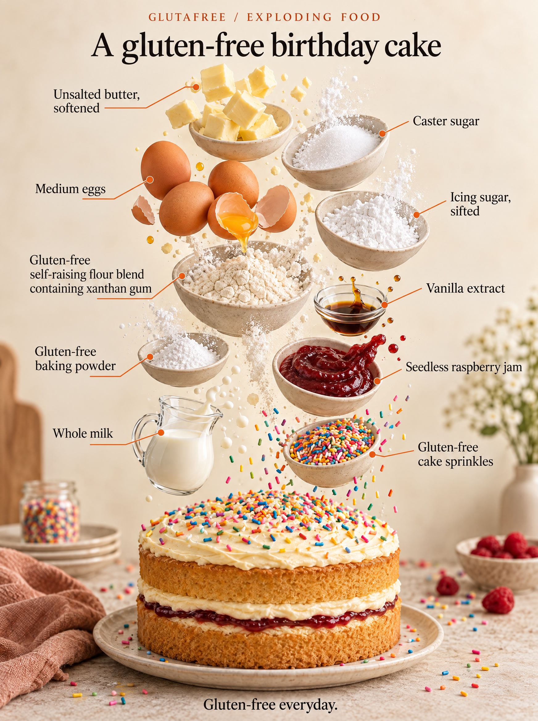 Ingredients arranged around a gluten-free birthday cake; the recipe gives the full quantities.