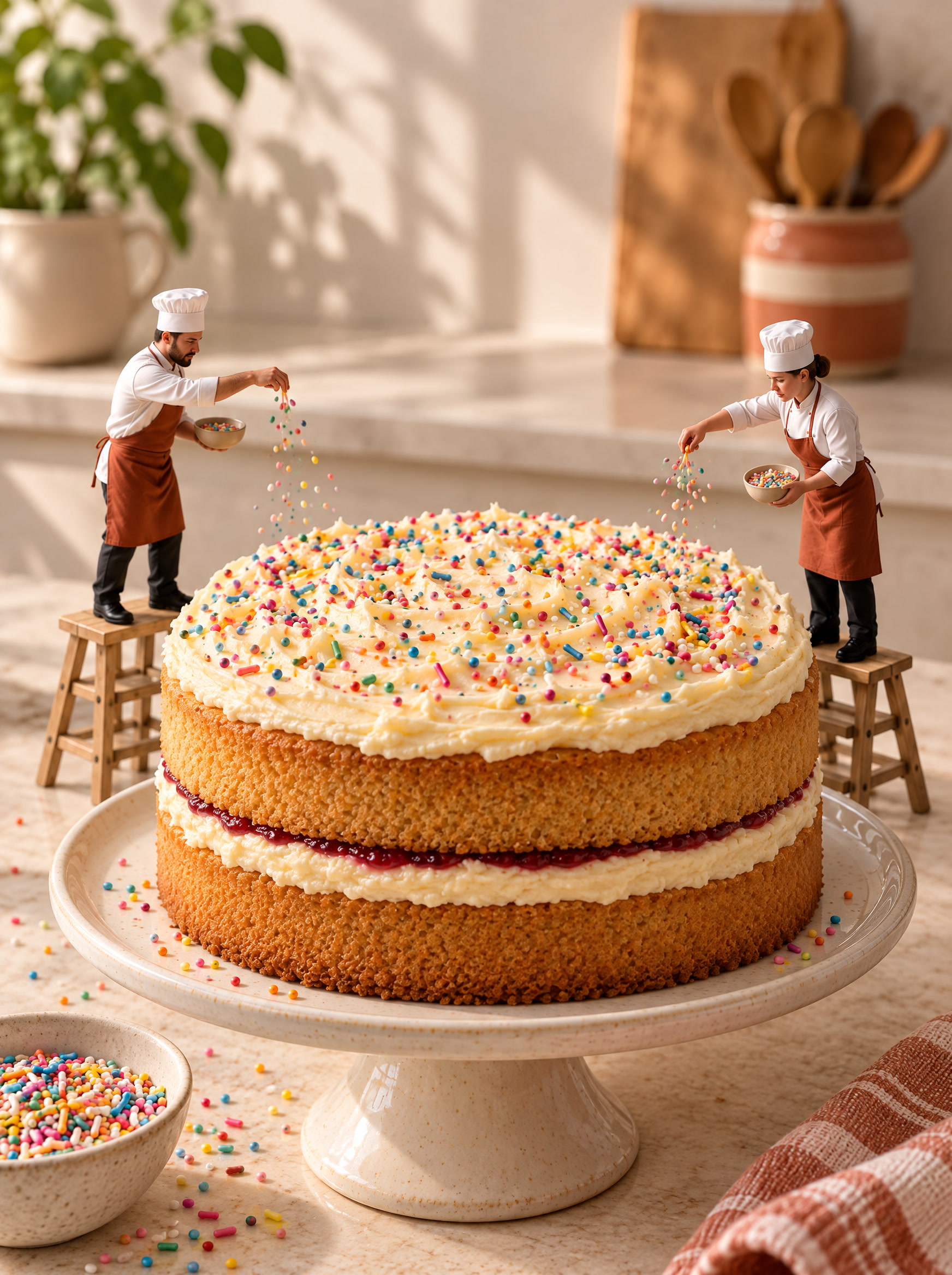 Miniature chefs spreading buttercream and scattering sprinkles over a birthday cake.