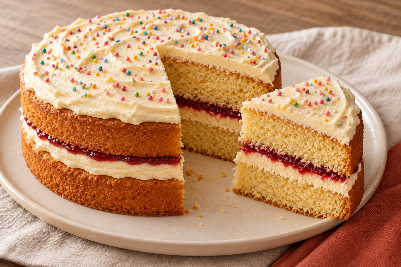 Vanilla birthday cake with buttercream, colourful sprinkles and a slice showing the jam filling.