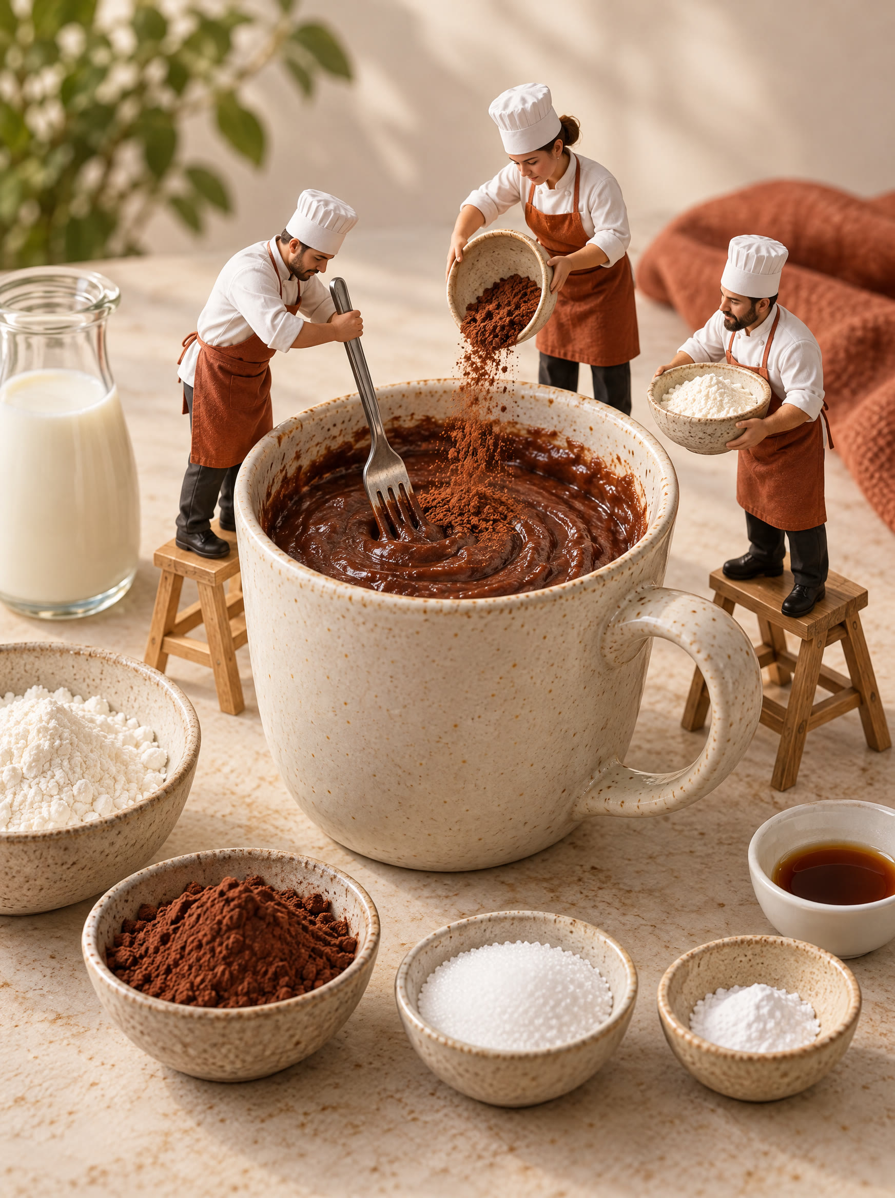 Miniature chefs mixing chocolate cake batter in a large mug.