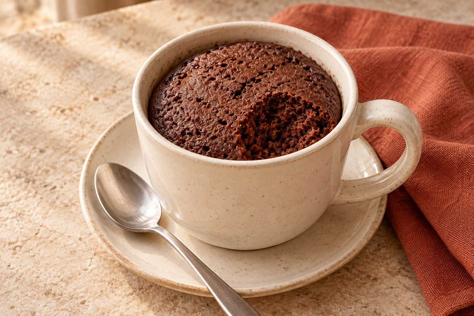 Chocolate mug cake with a spoon beside the mug.