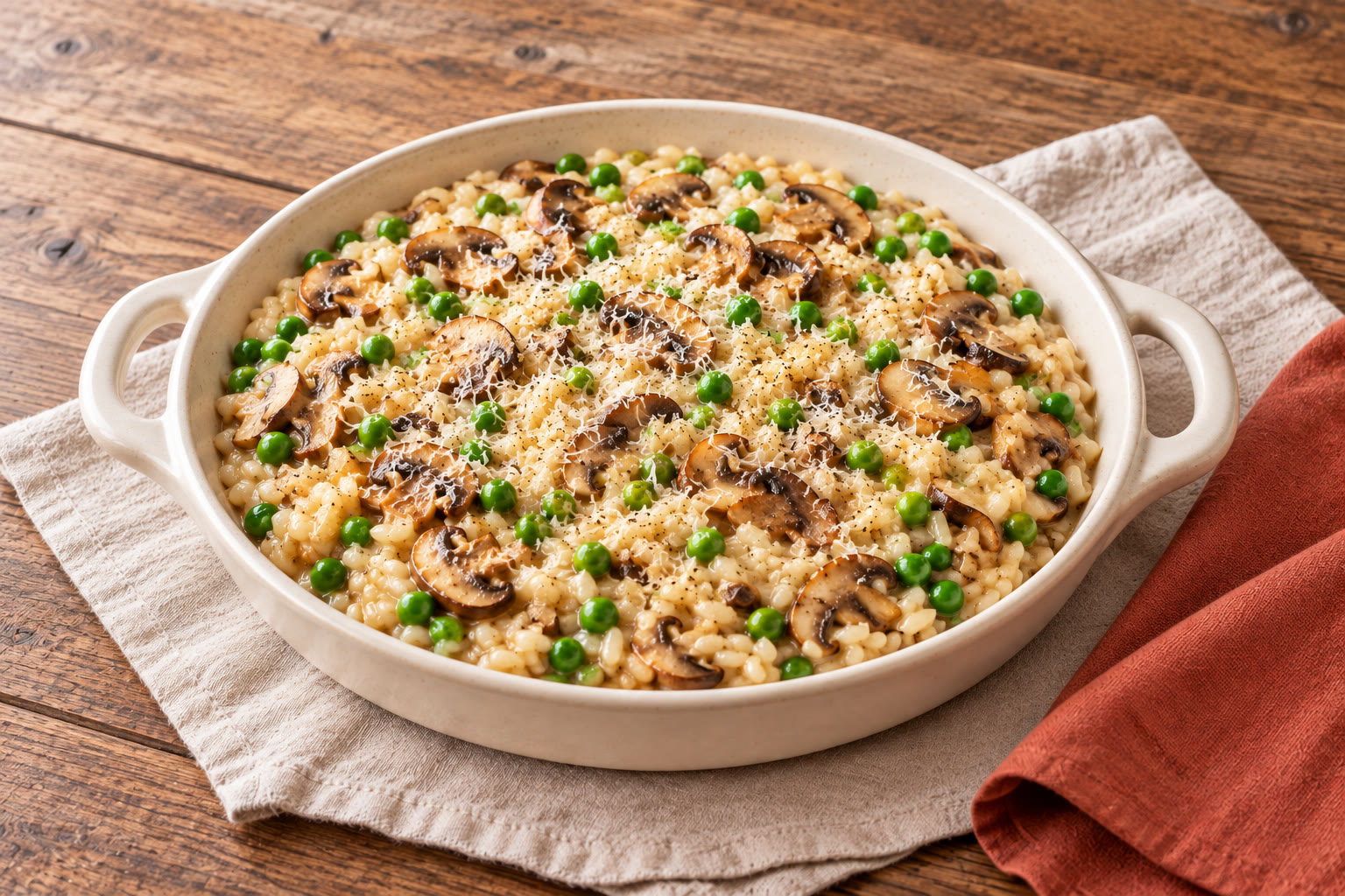 Mushroom and pea risotto topped with grated Parmesan.
