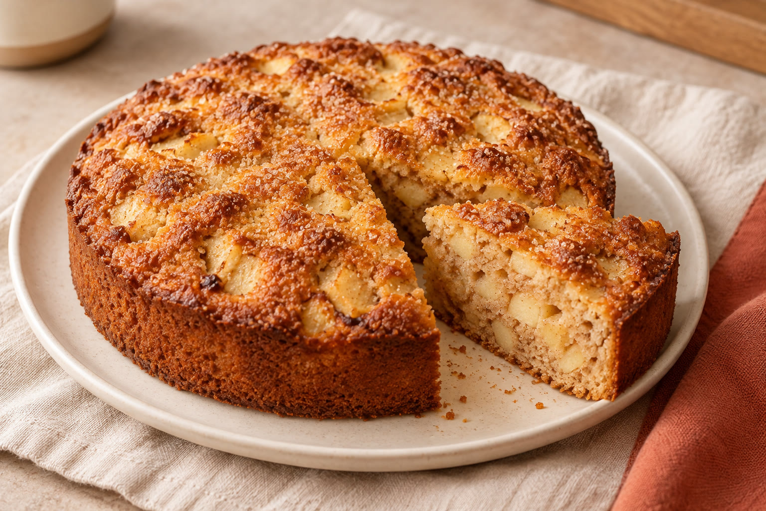 Apple and cinnamon cake with a slice showing the apple pieces.