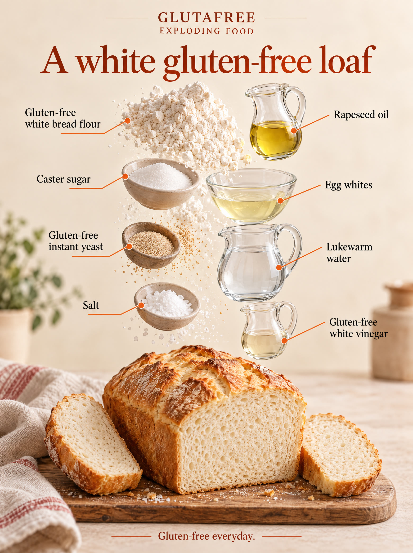 Illustrated ingredients for a white gluten-free loaf; quantities are given in the recipe.