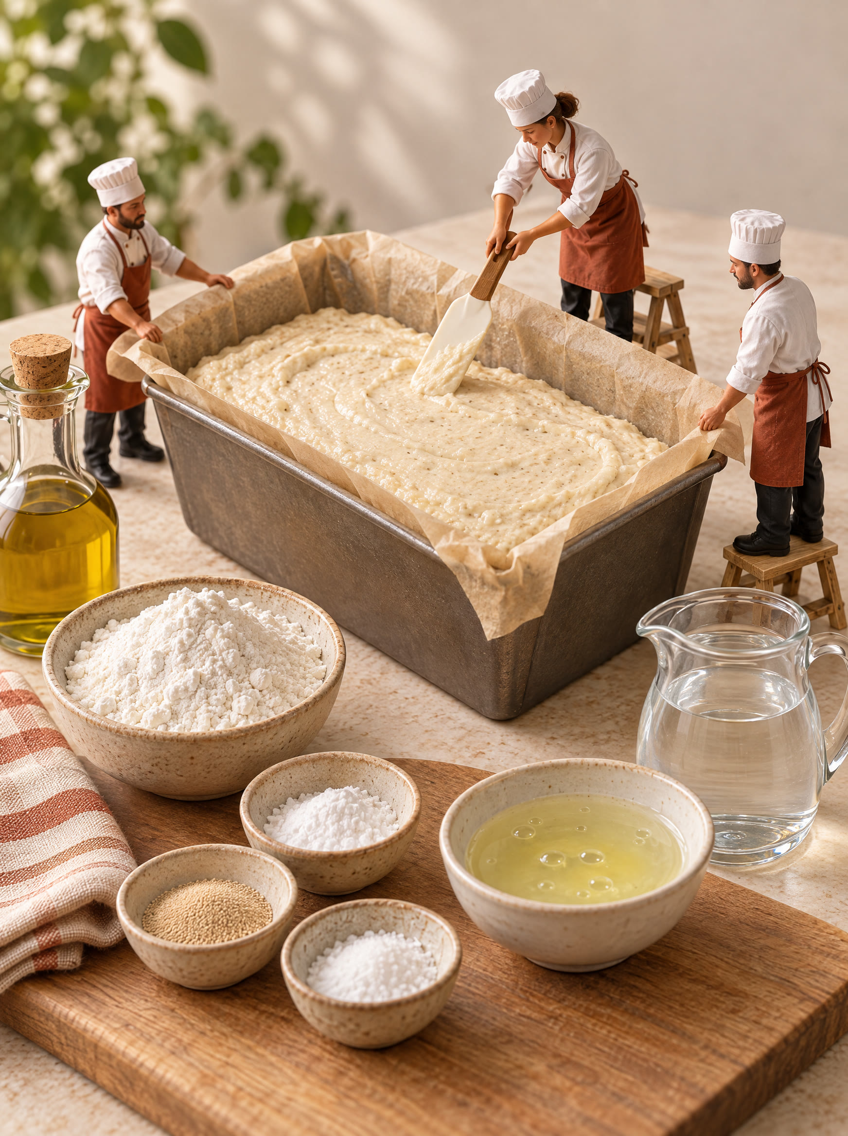 Miniature chefs smoothing bread batter into a loaf tin.