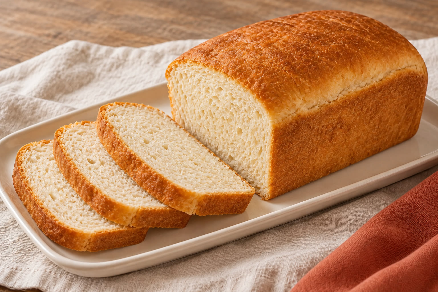 A golden white gluten-free loaf with two slices showing its pale crumb.