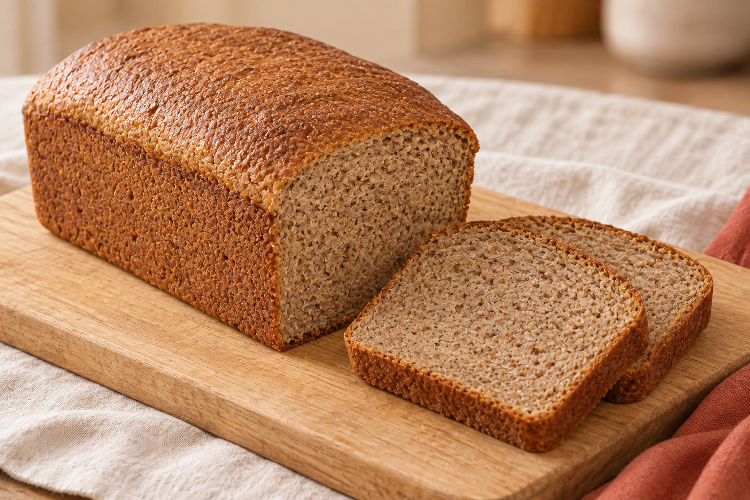A brown gluten-free loaf with several slices cut from one end.