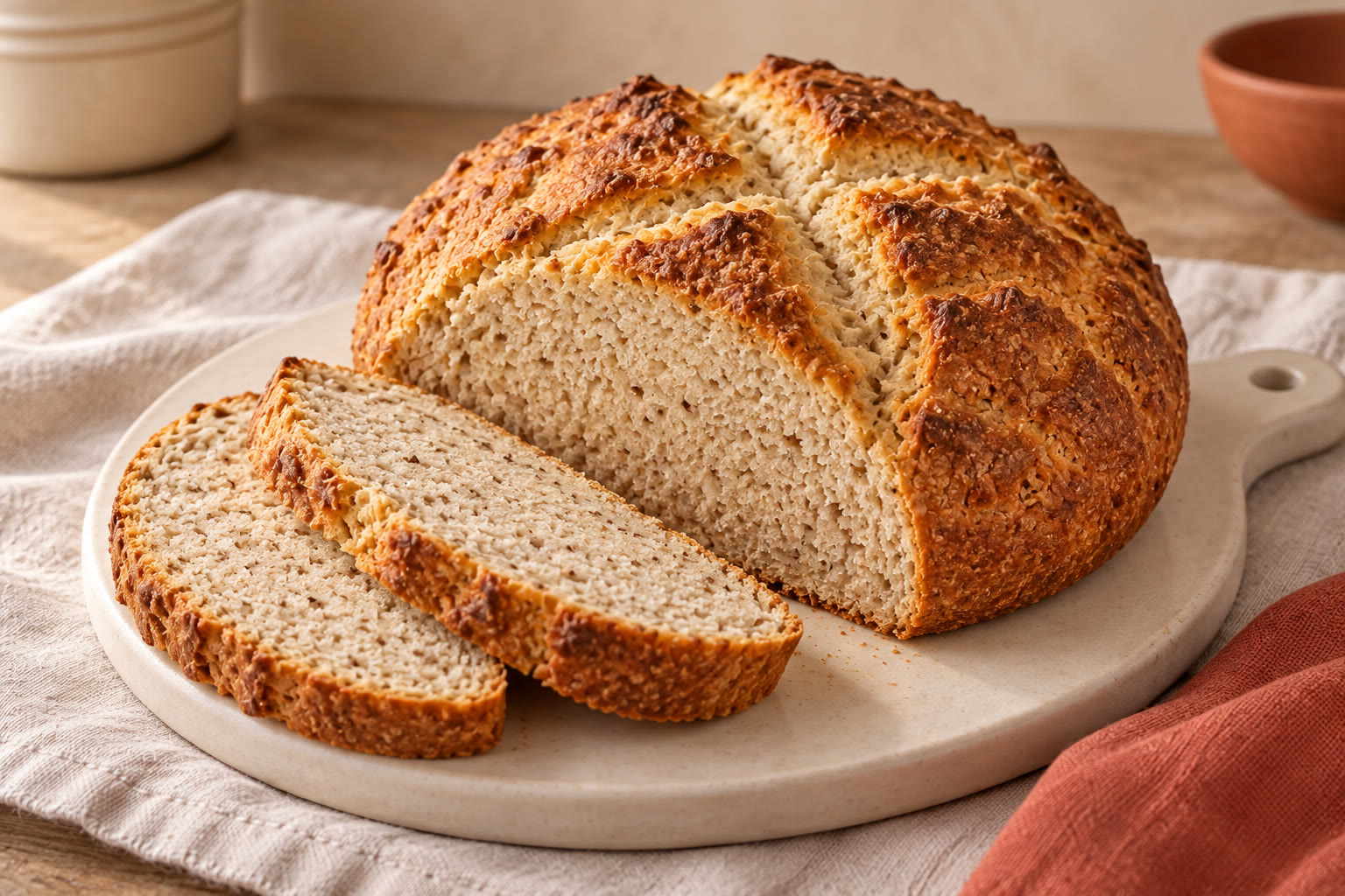 A round gluten-free soda loaf with a cross in its crust and two slices beside it.