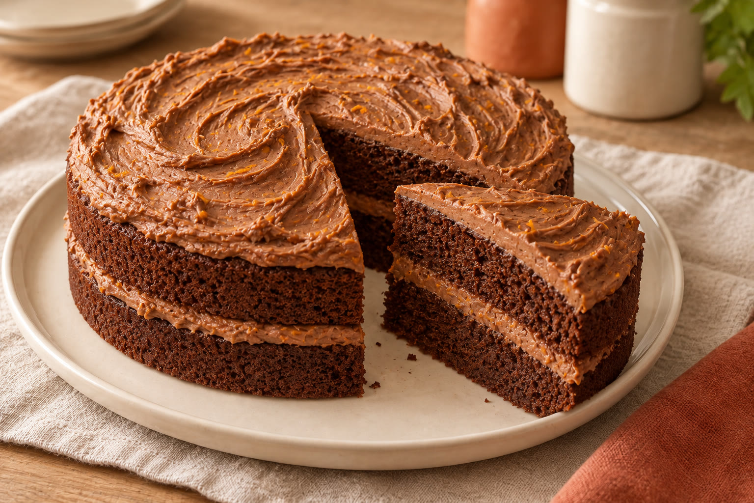 Chocolate orange layer cake with chocolate buttercream and a slice cut out.