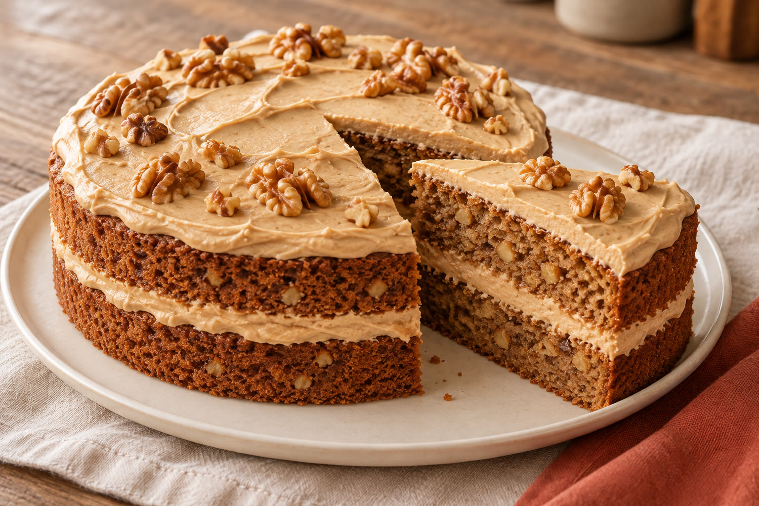 Coffee and walnut layer cake with coffee buttercream and walnuts on top.