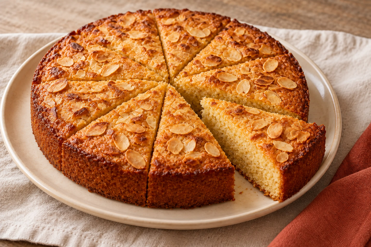 Round almond cake with a golden flaked almond topping and a slice removed.