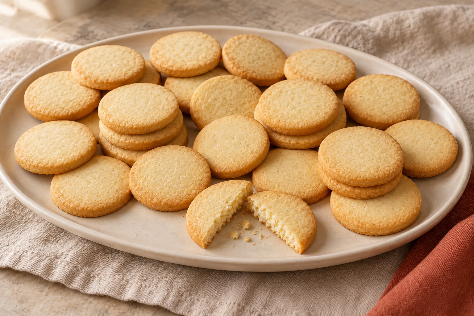 Golden vanilla biscuits stacked beside a cup of tea.