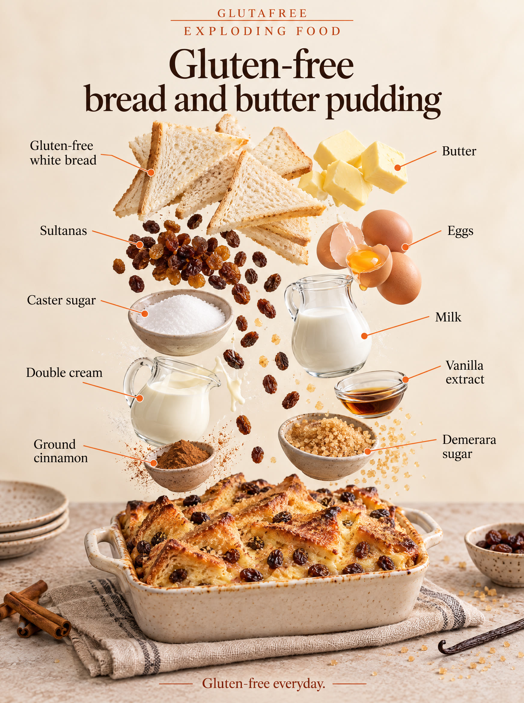 Illustrated ingredients for gluten-free bread and butter pudding arranged separately.