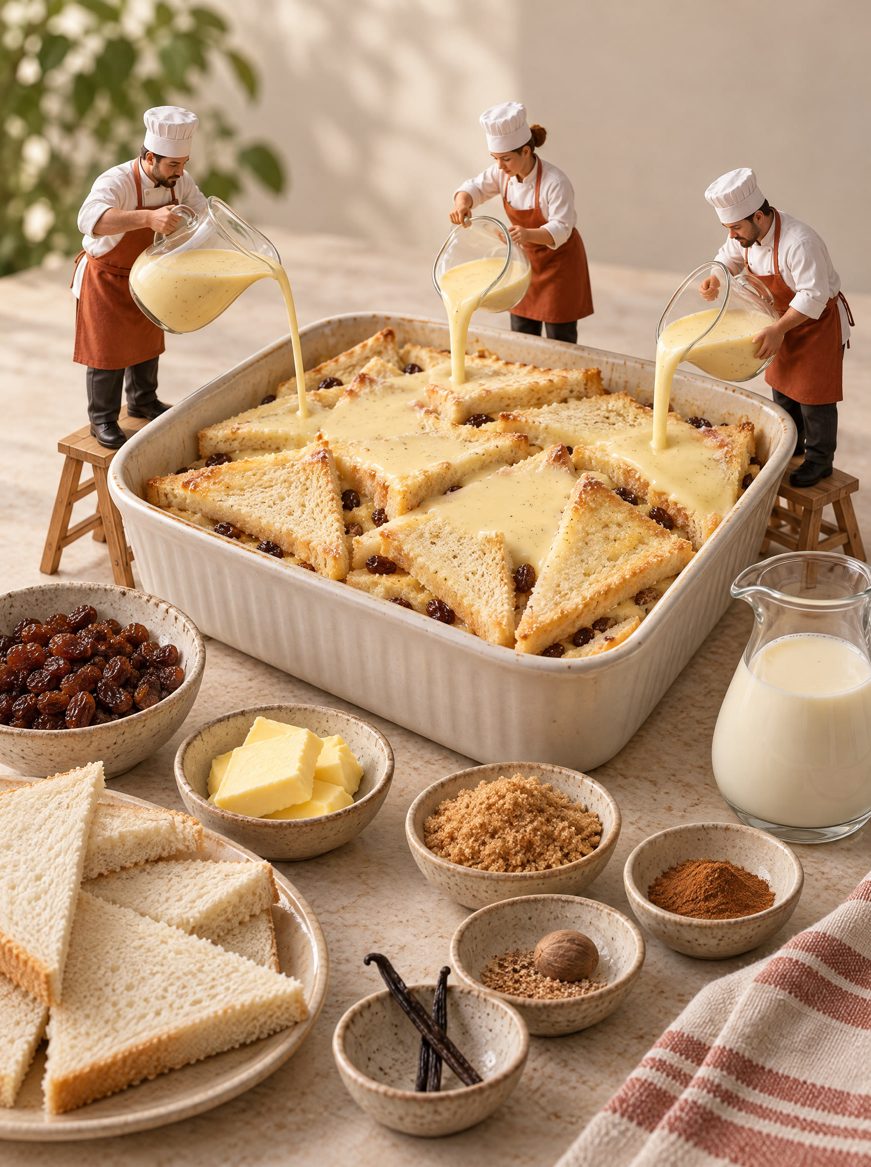 Miniature chefs buttering bread and pouring custard into a pudding dish.