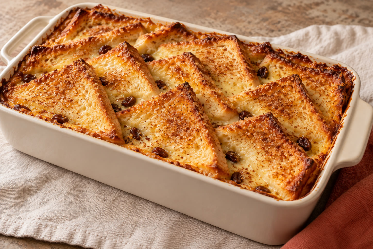 Golden bread and butter pudding with sultanas in a baking dish.