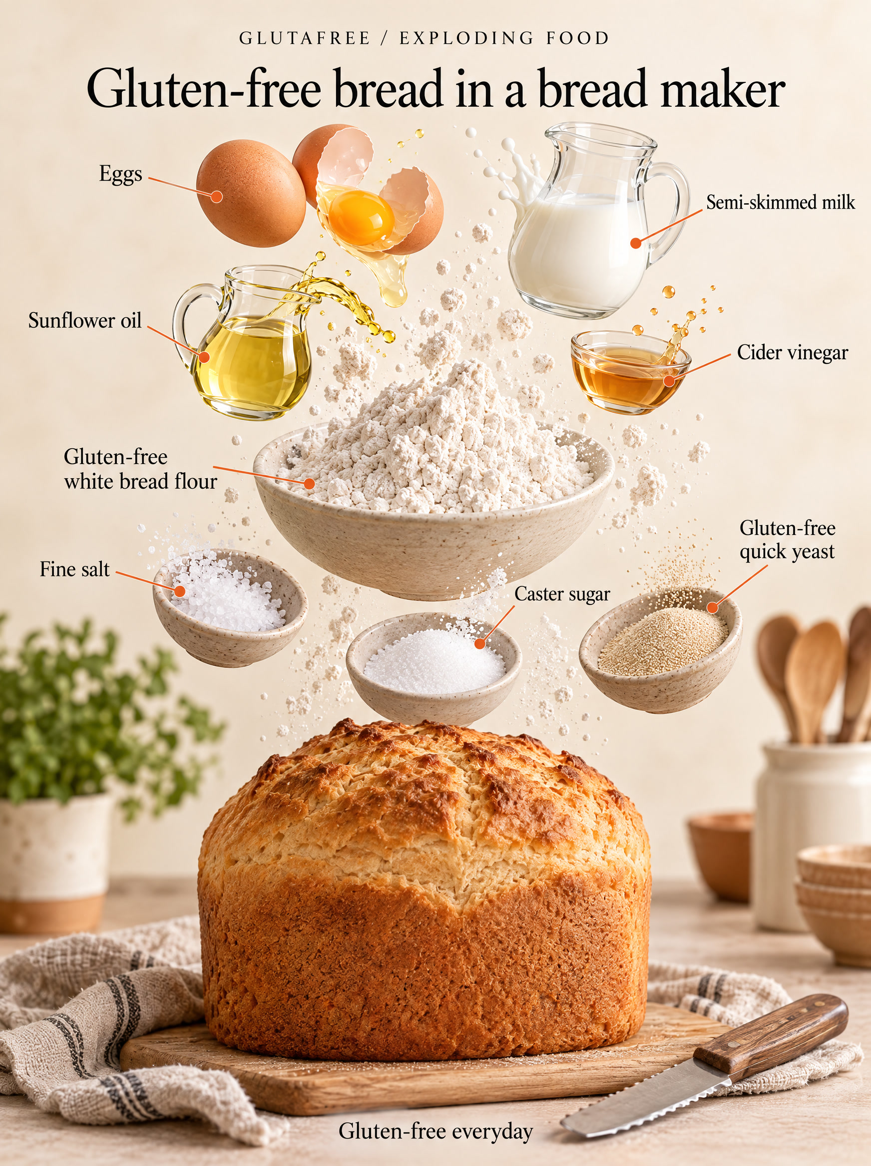 Illustration of flour, eggs, milk, oil, vinegar, sugar, salt and yeast for the bread-maker loaf.