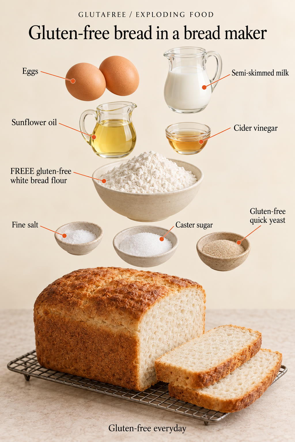 Illustration of flour, eggs, milk, oil, vinegar, sugar, salt and yeast for the bread-maker loaf.