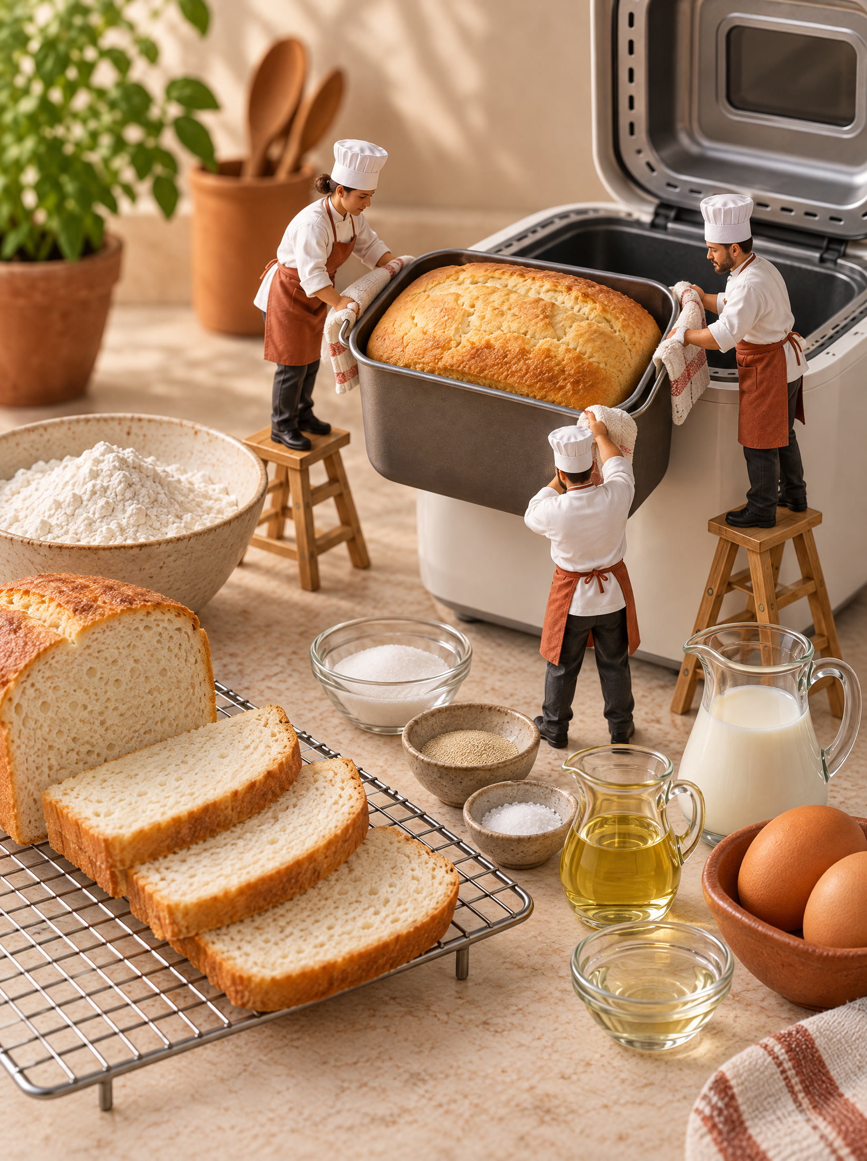 Miniature chefs measuring ingredients beside a bread maker.