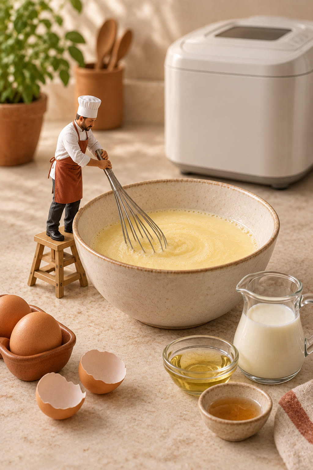 Miniature chefs measuring ingredients beside a bread maker.