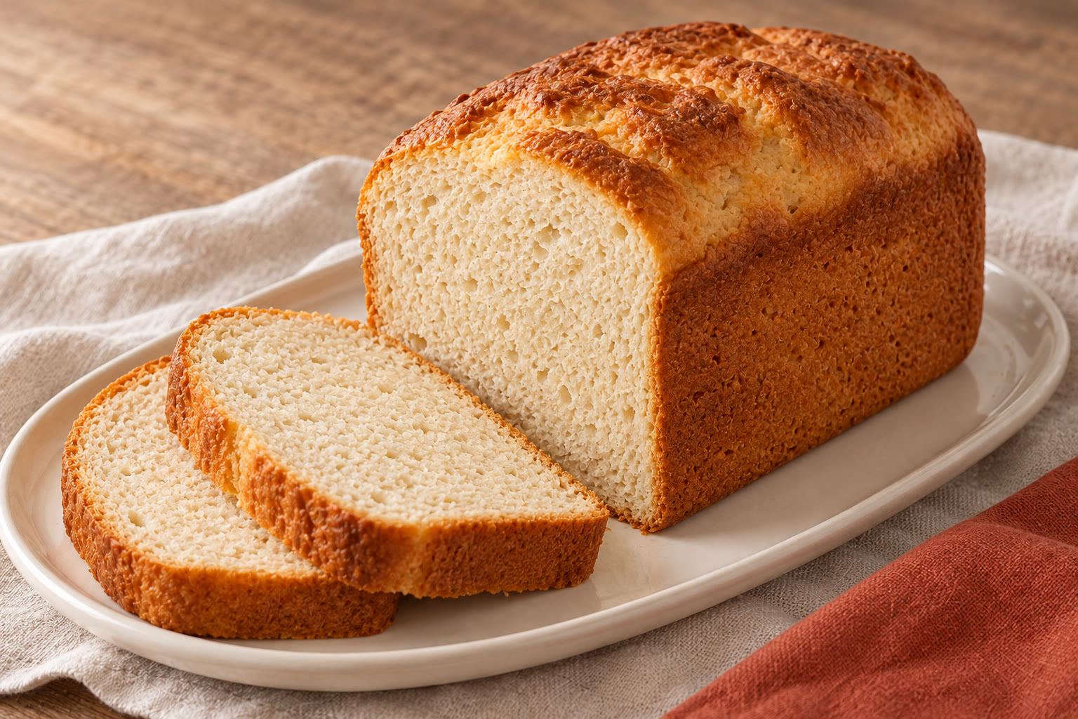 Gluten-free bread-maker loaf cooling on a rack beside two slices.