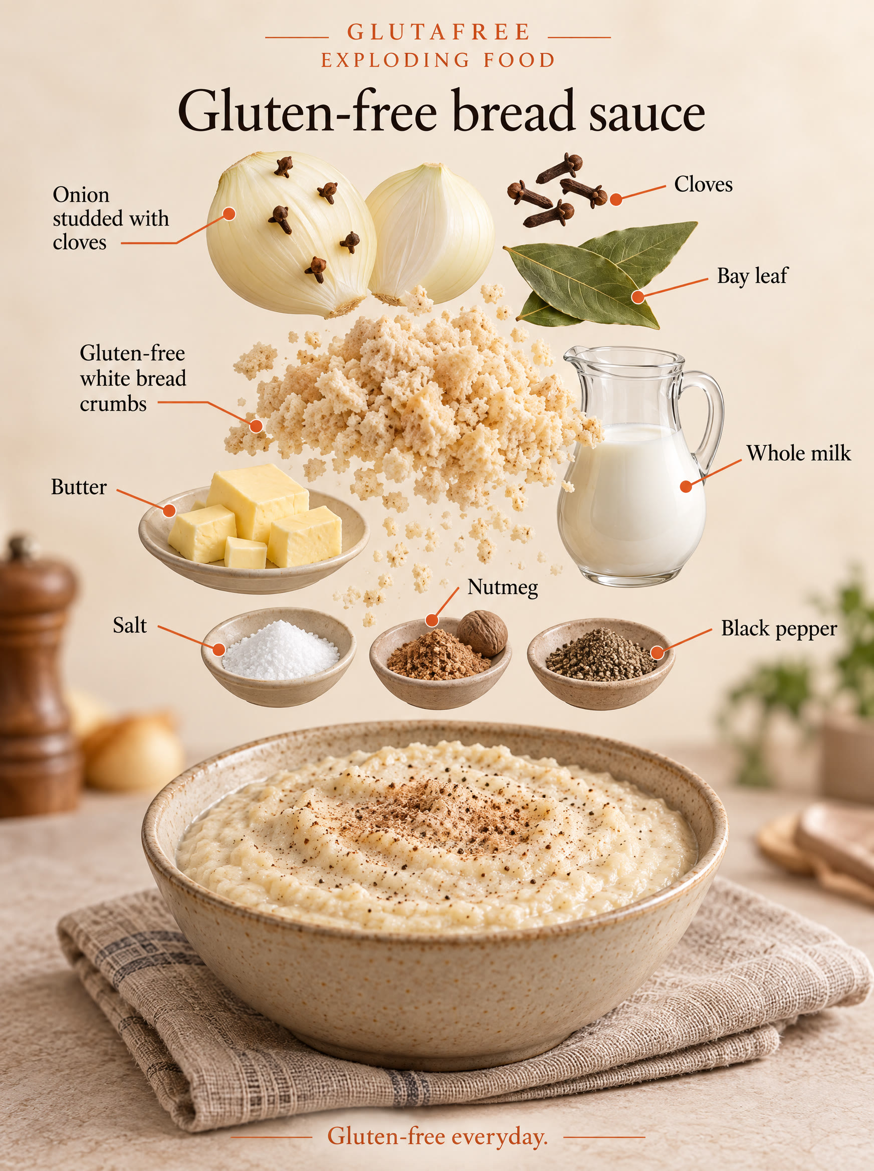 Illustrated ingredients for gluten-free bread sauce arranged separately.
