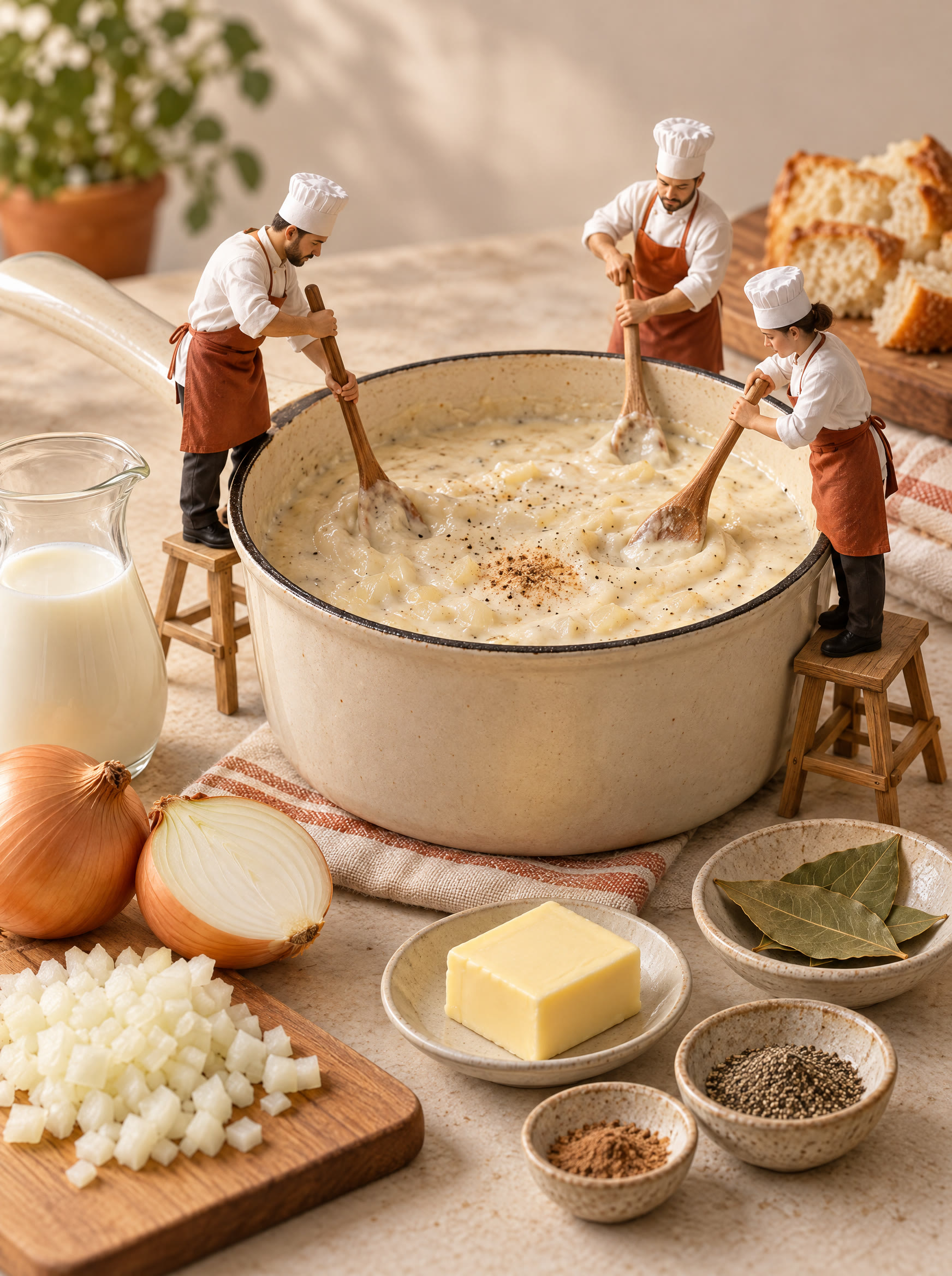 Miniature chefs stirring a saucepan of bread sauce.