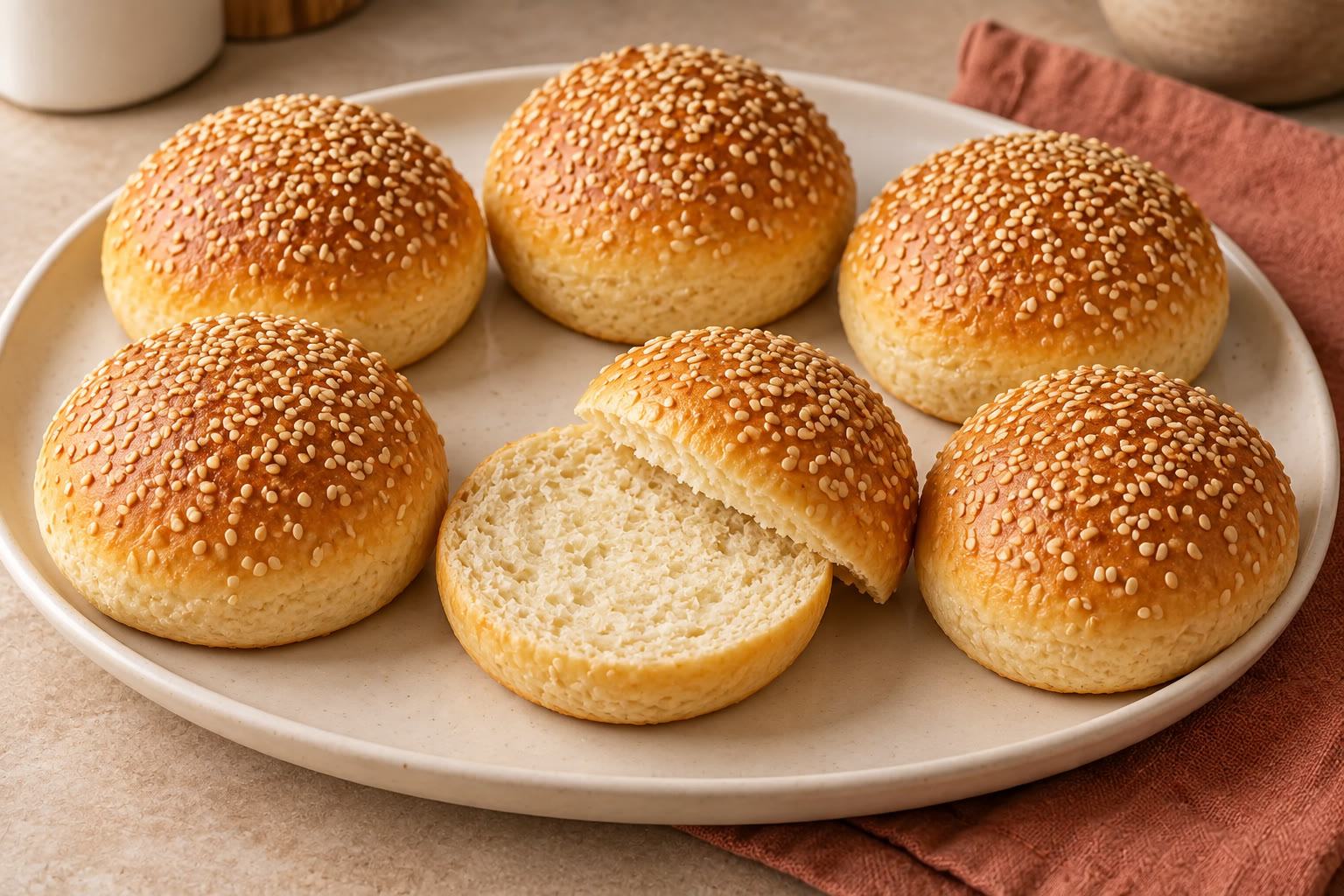 Golden gluten-free burger buns with sesame seeds, with one bun split open.