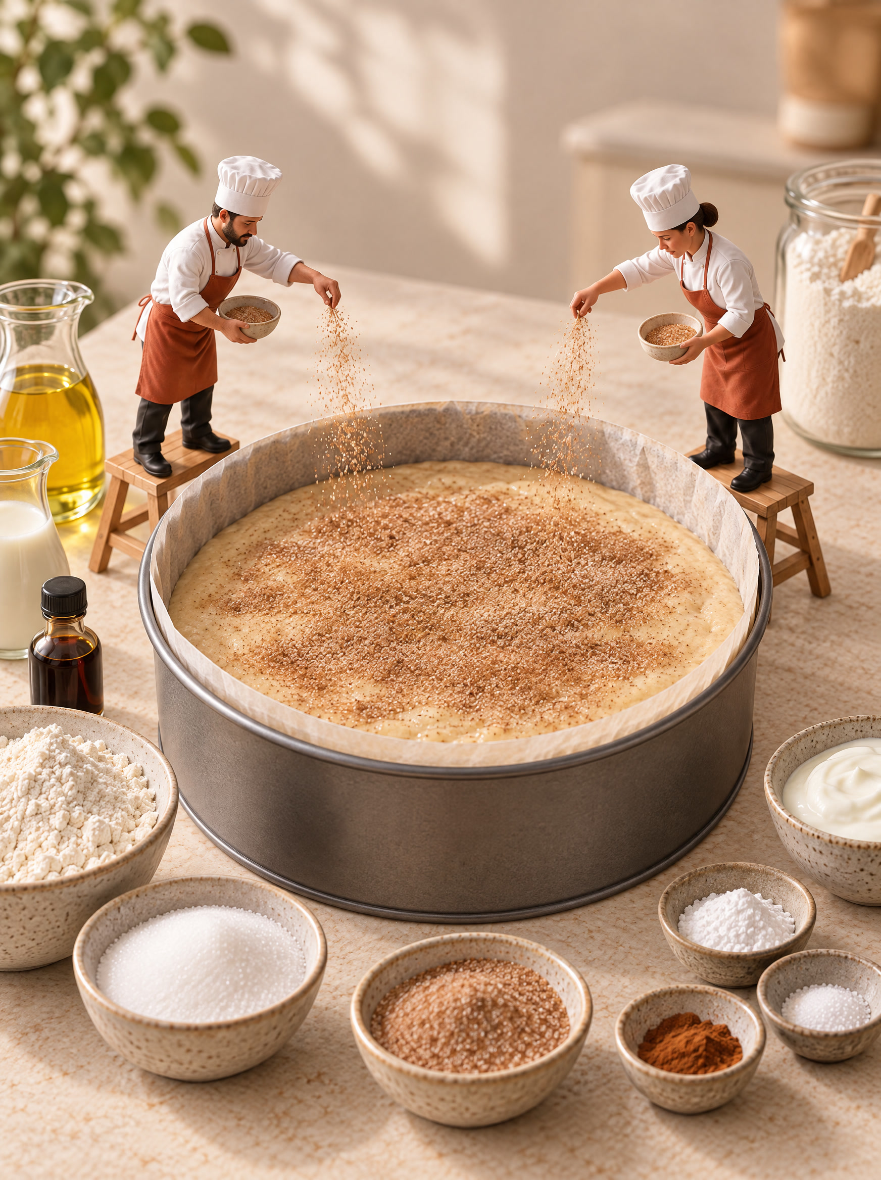 Miniature chefs mixing cinnamon cake batter beside a lined cake tin.