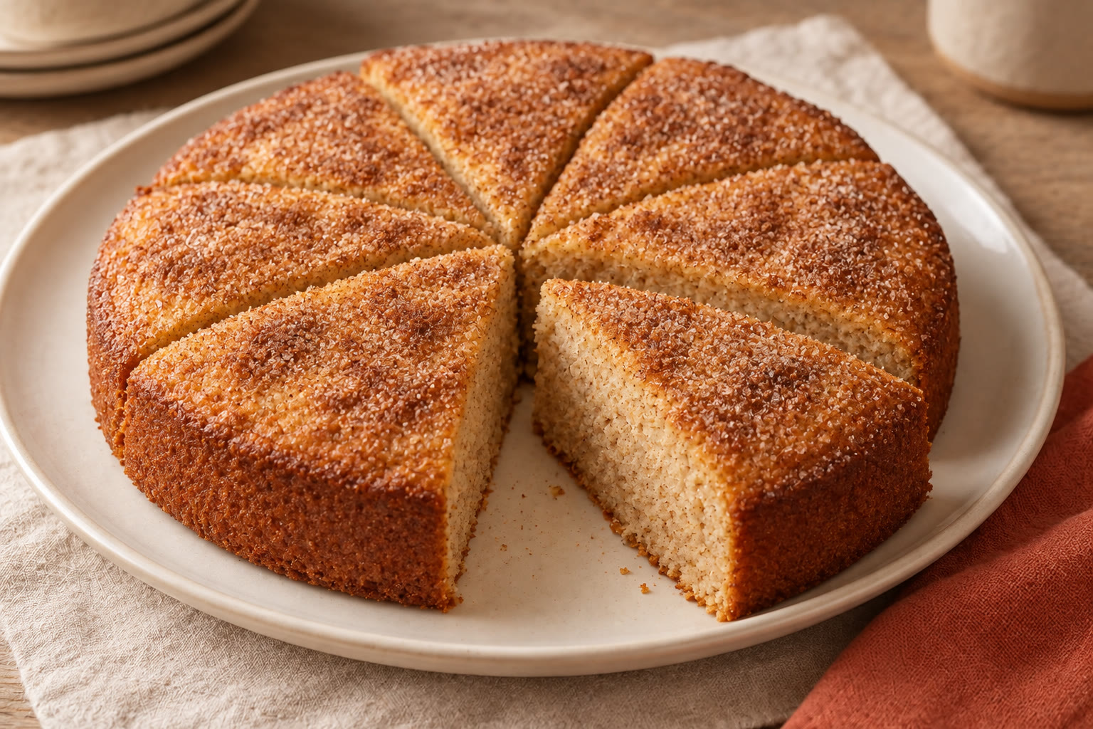 Round cinnamon cake with a slice cut out and a cinnamon sugar topping.