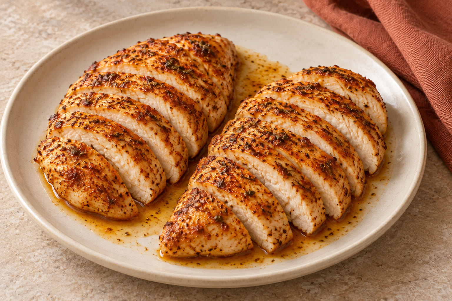 Baked chicken breasts with paprika and thyme, sliced on a plate.