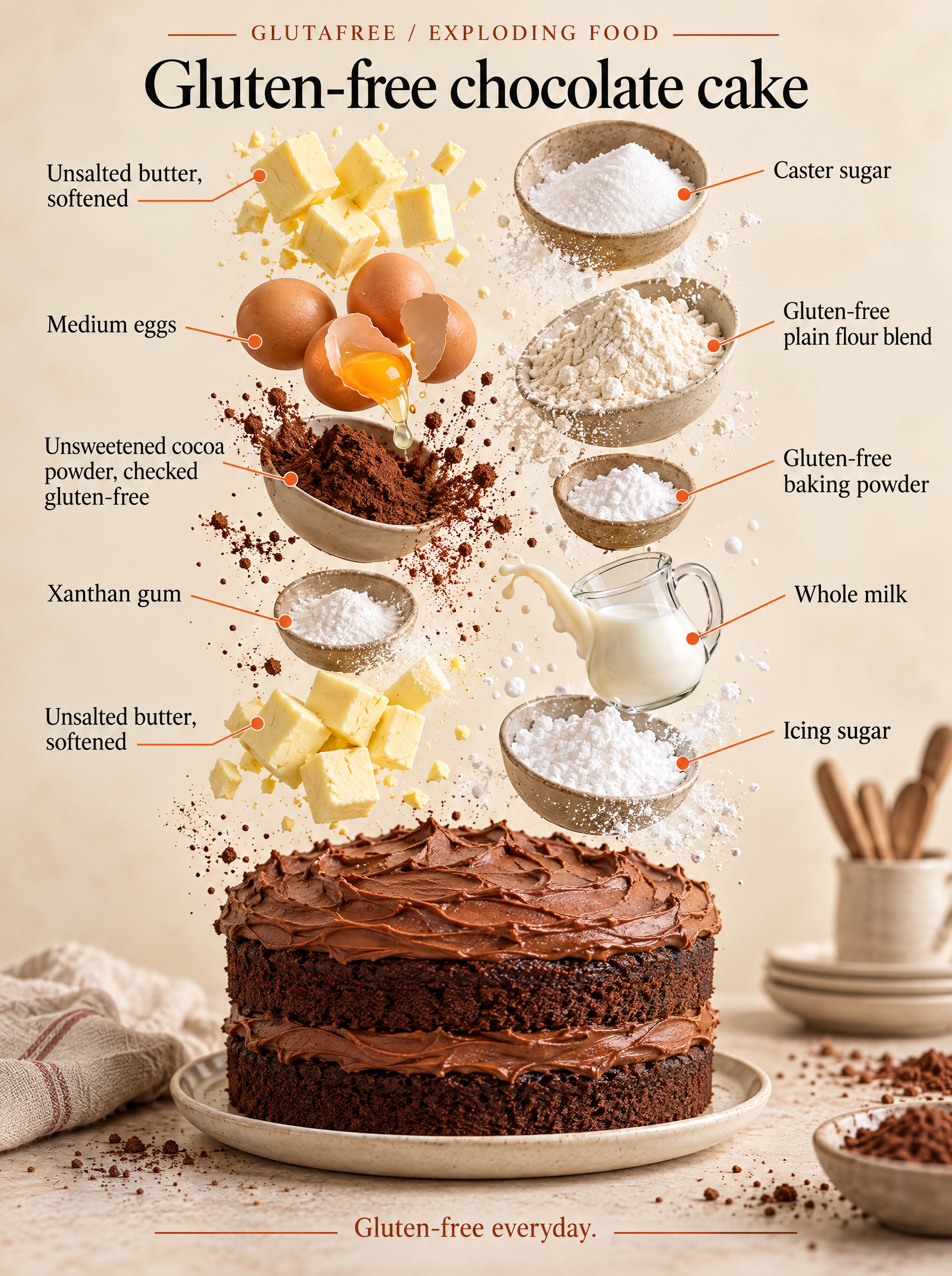 Illustrated ingredients for gluten-free chocolate cake arranged separately.