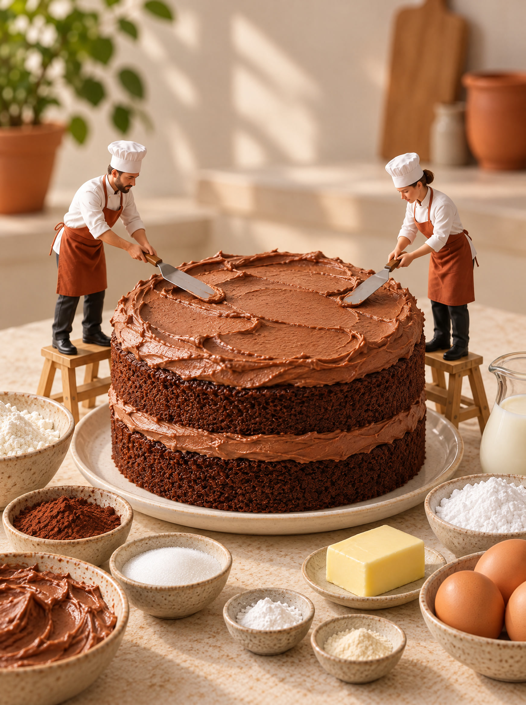 Miniature chefs spreading chocolate buttercream over a cake.