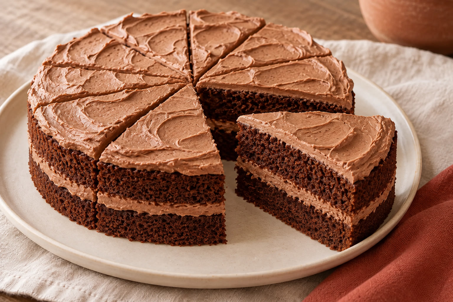 Chocolate layer cake with cocoa buttercream and a slice cut out.