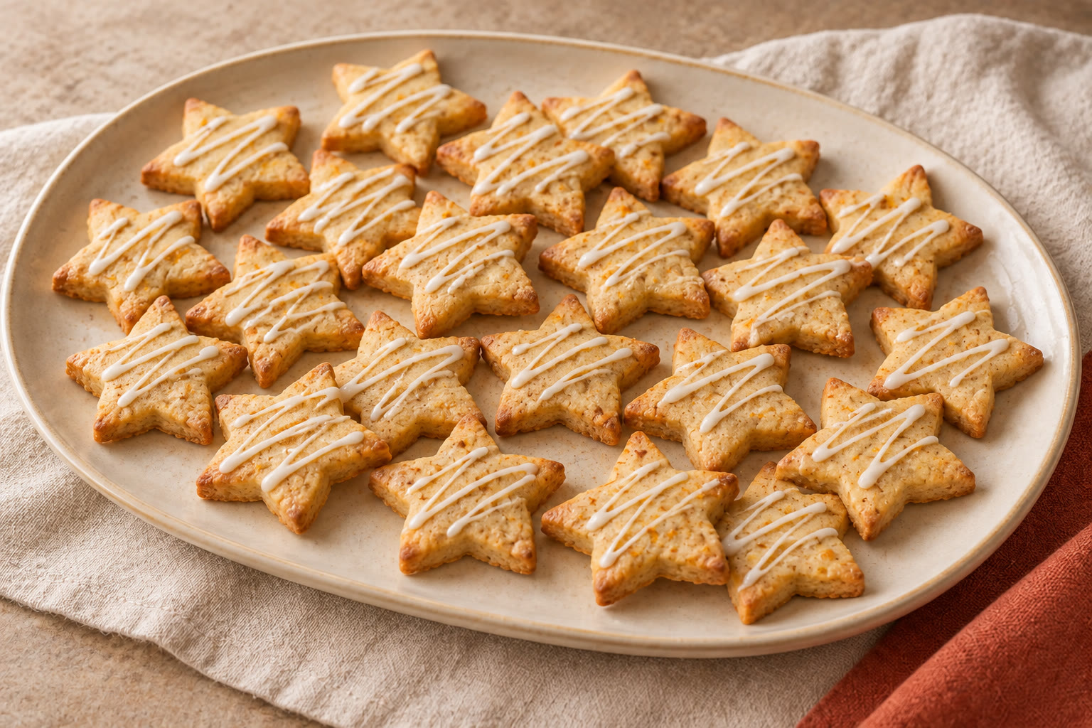 Star-shaped Christmas biscuits decorated with white icing.
