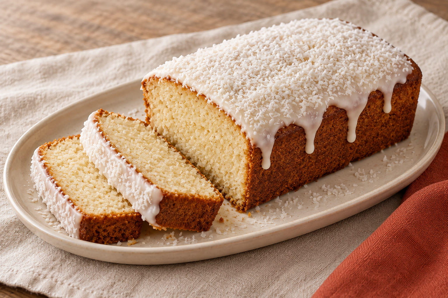 Coconut loaf cake with white icing and coconut scattered over the top.