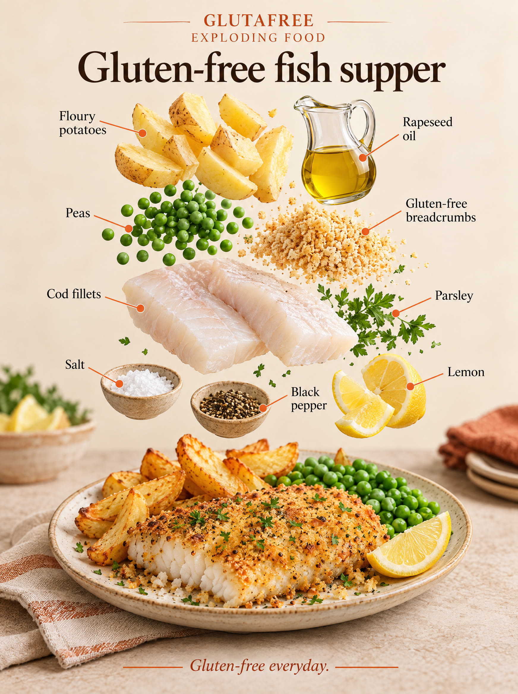 Illustration of white fish, potatoes, gluten-free breadcrumbs, peas, lemon, parsley and oil.