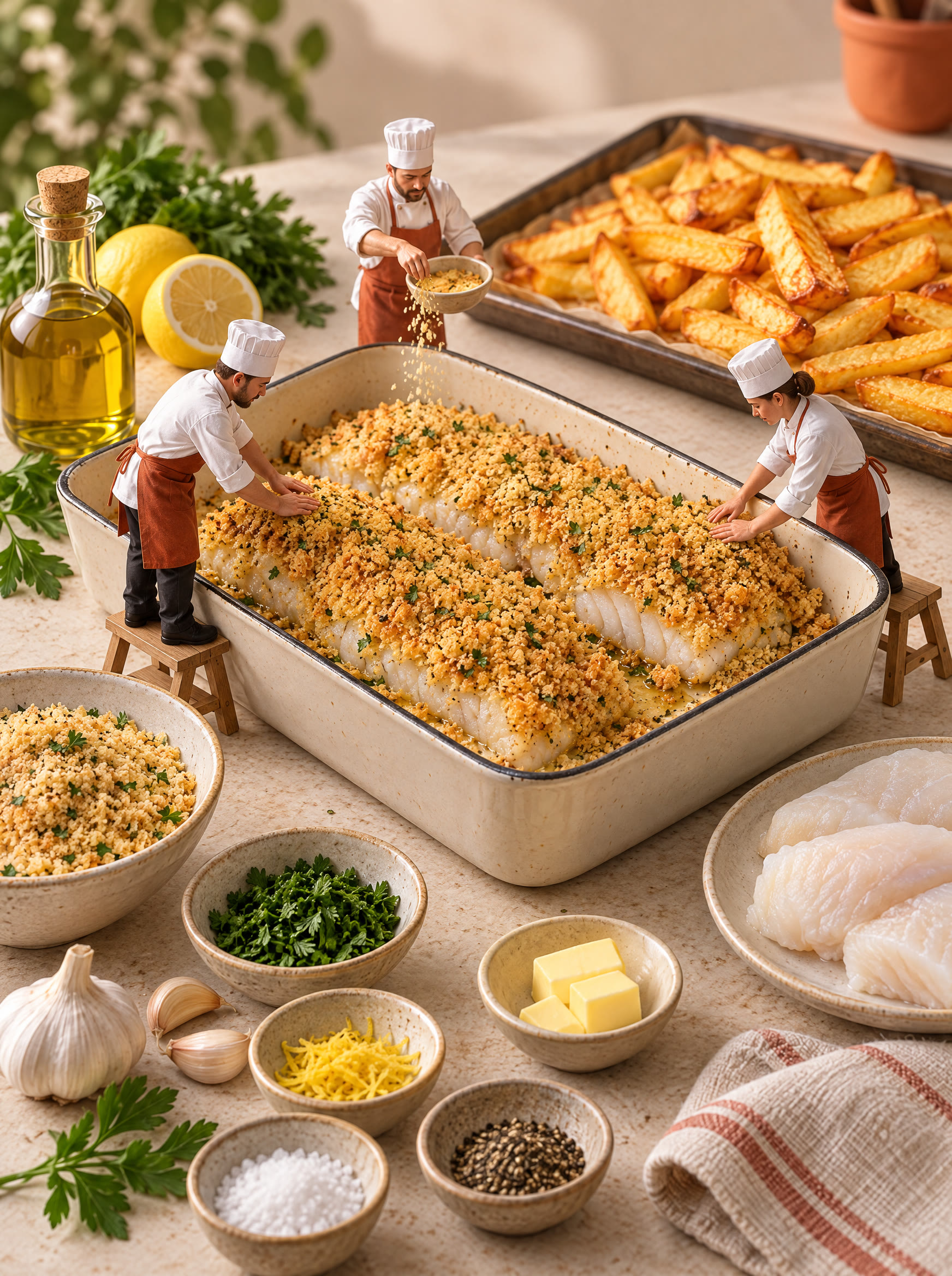 Miniature chefs adding a breadcrumb topping to fish beside a tray of chips.