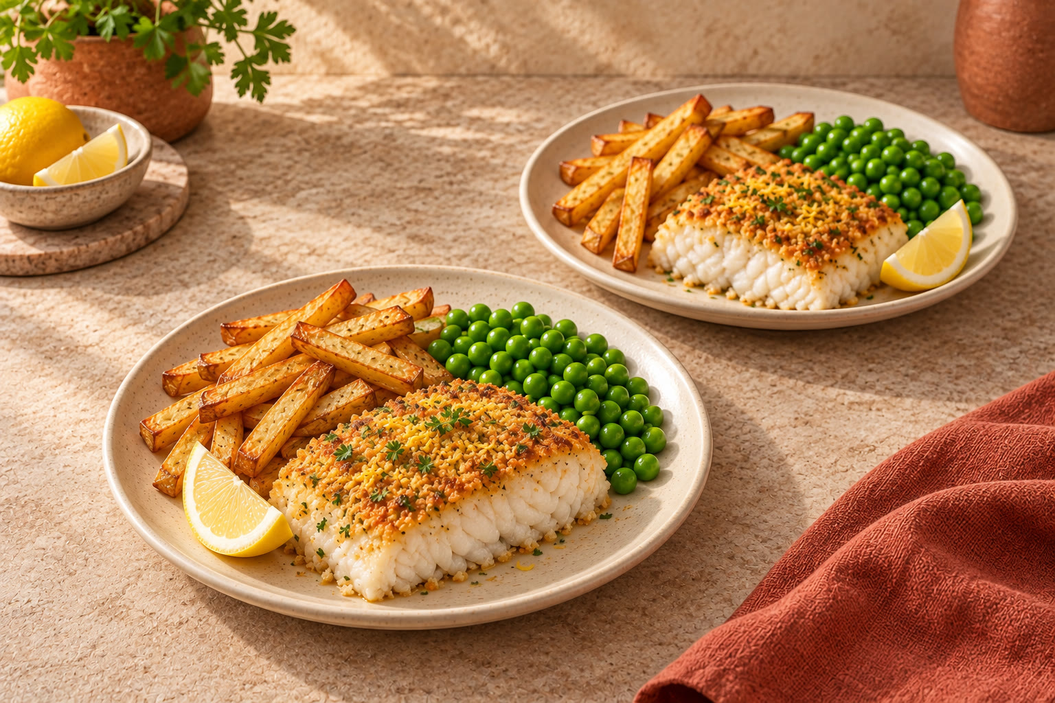 Crumb-topped white fish with oven chips, peas and lemon wedges.