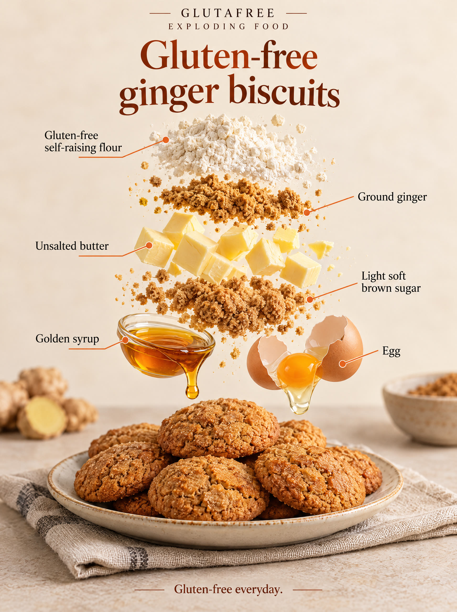 Illustration of the flour, butter, sugar, syrup, egg and ginger used in the biscuits.