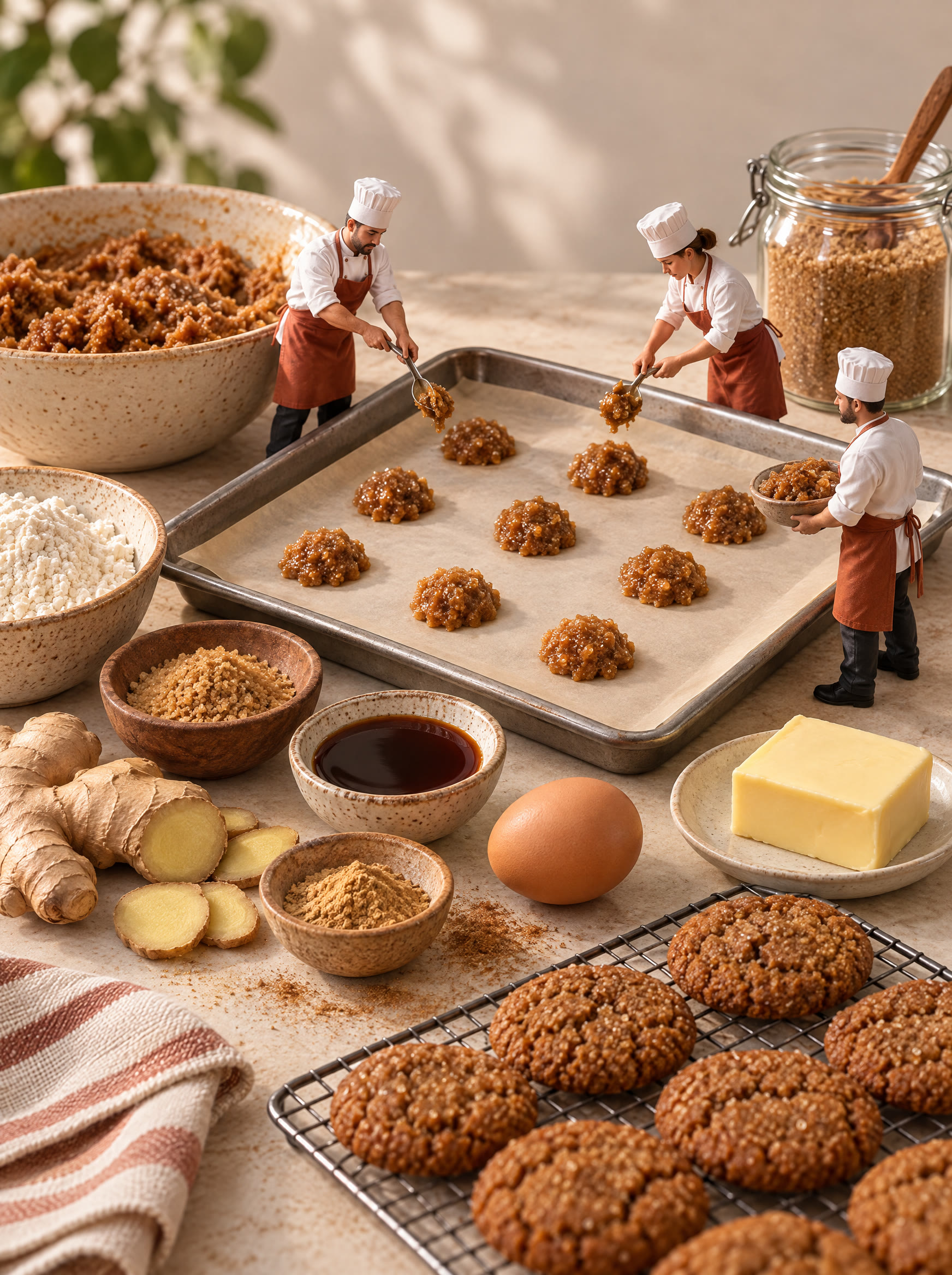 Miniature chefs spooning ginger biscuit dough onto baking trays.