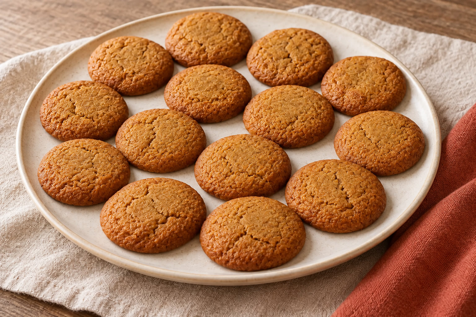 Golden gluten-free ginger biscuits on a plate.