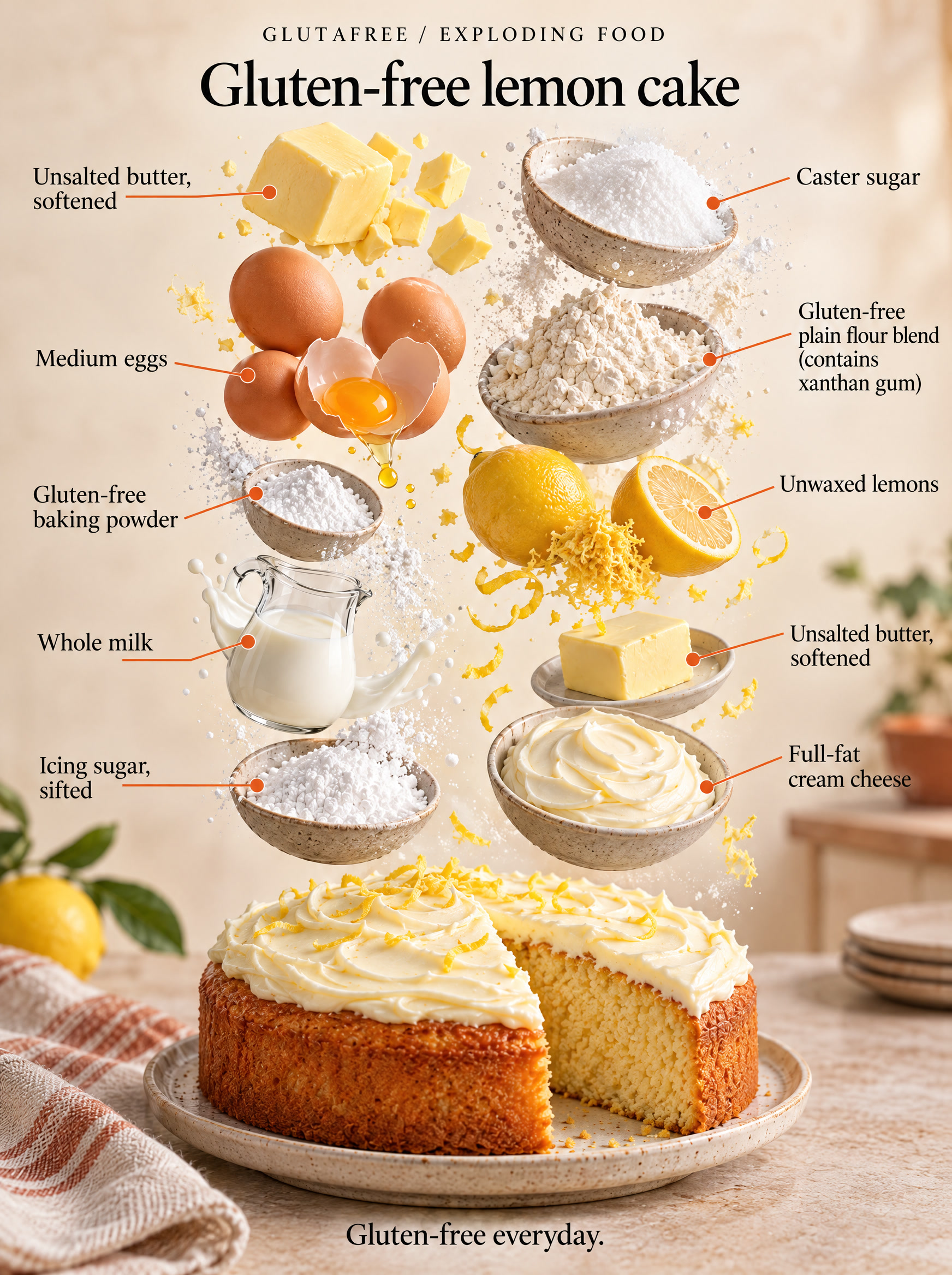 Illustrated ingredients for lemon cake; quantities are listed in the recipe.