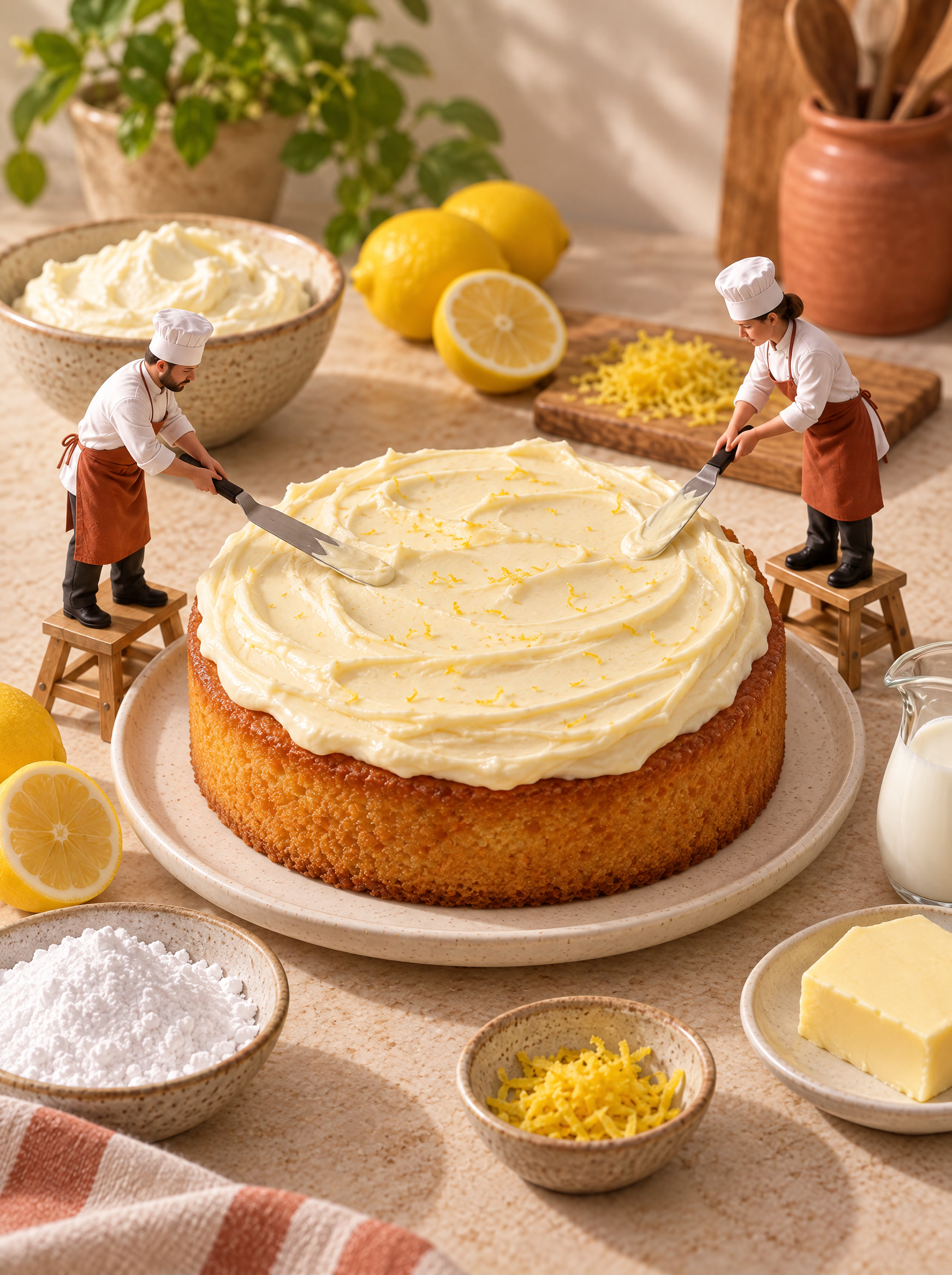 Miniature chefs spreading icing over a round lemon cake.