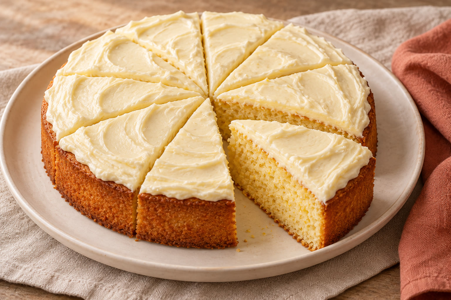 Round lemon cake topped with cream cheese icing, with one wedge cut.