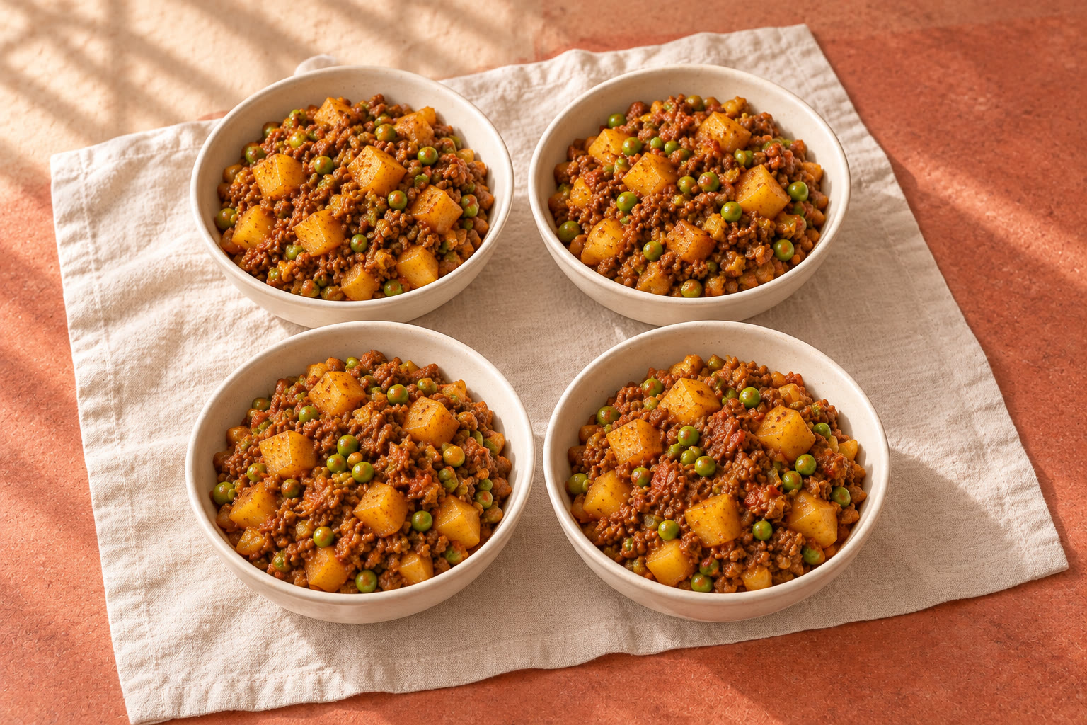 Beef keema with diced potatoes and peas in a tomato sauce.