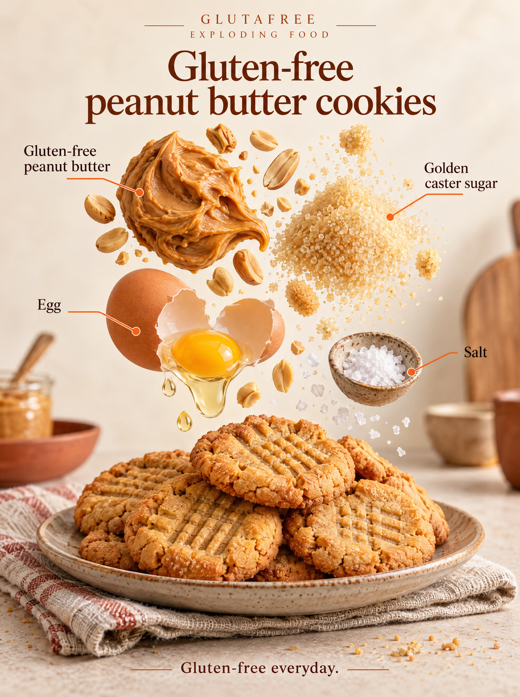 Illustration of peanut butter, sugar, egg and salt arranged separately.