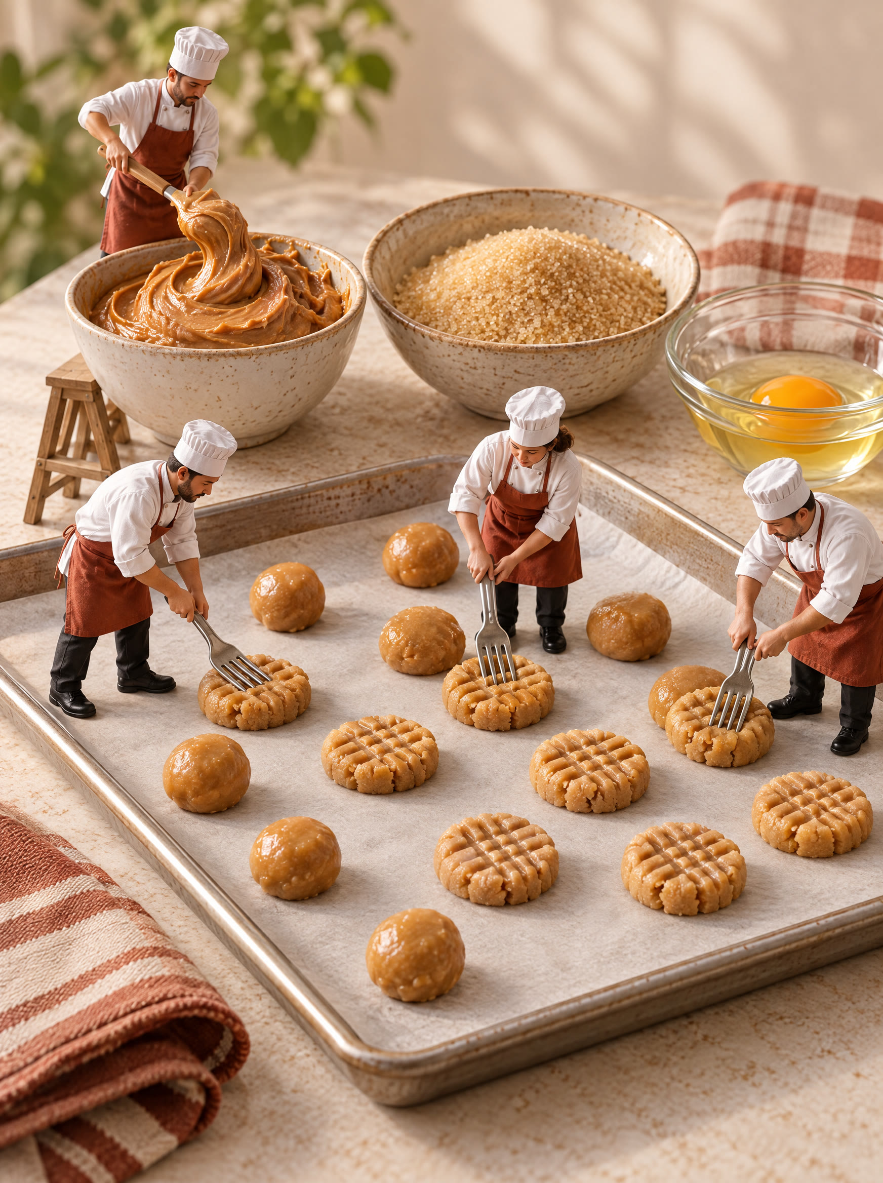 Miniature chefs pressing peanut butter cookie dough with a fork.